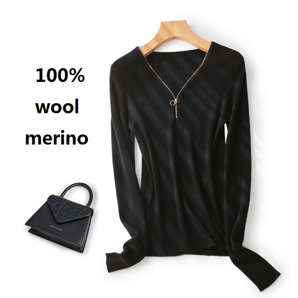 

women's sweaters zip up black merino wool t shirt fall clothes for women long sleeve tees v neck sweater ladies yellow thin, White;black