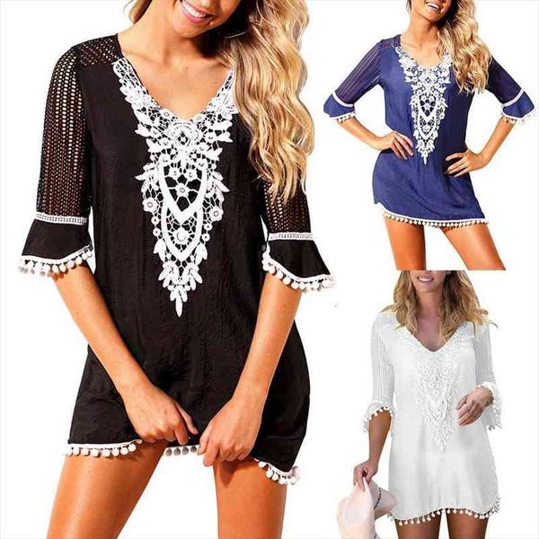 

loose beach summer women dresses plus size lace patchwork pompom swimwear bikini cover up swimsuit beachwear, Black;gray