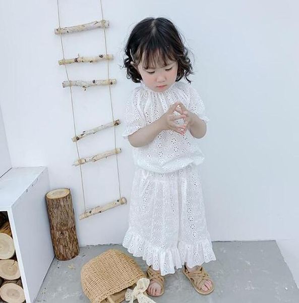 

japan and south korea spring/summer girls sets baby cotton lace embroidered cute short sleeve + skirt two-piece clothing, White