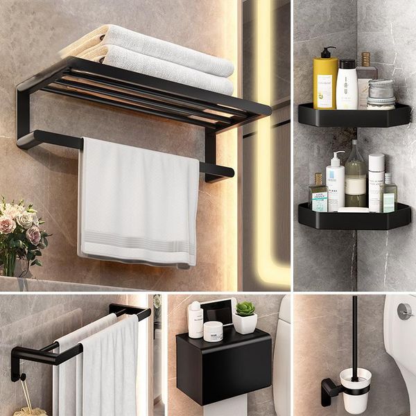 

bath accessory set ae02yjm-0008 bathroom accessories perforated space aluminum black wall-mounted towel rack shelf