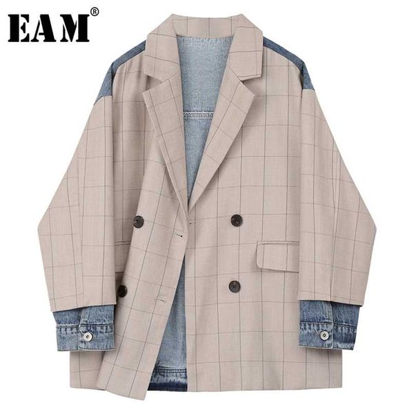 

[eam] women khaki plaid denim big size blazer lapel long sleeve loose fit jacket fashion spring autumn 1x214 211019, White;black