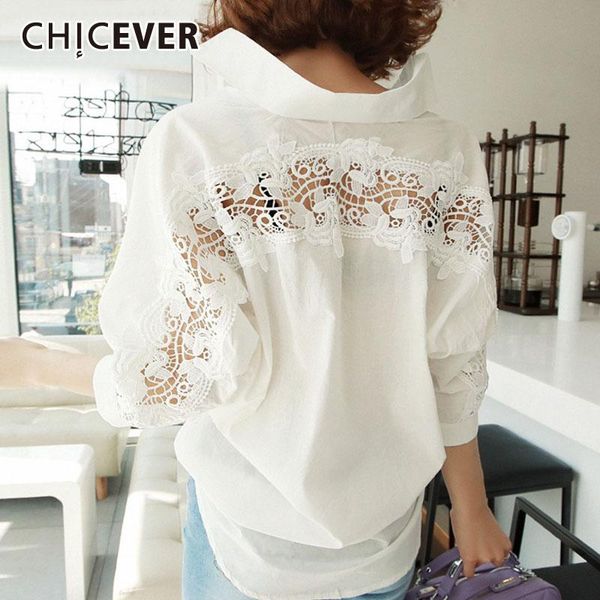 

women's blouses & shirts chicever korean patchwork lace shirt lapel collar long sleeve plus size asymmetrical blouse female 2021 fashio, White