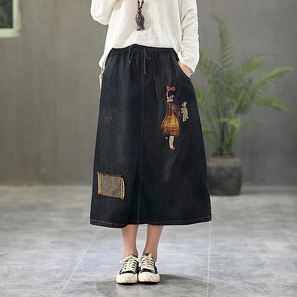

skirts 2021 vintage long mid-calf a-line women elastic waist spring and summer denim blue embroidery skirt, Black