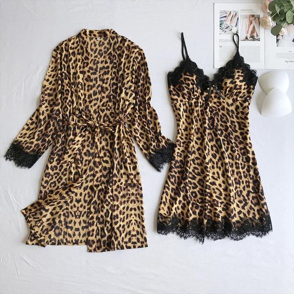 

leopard printed wedding robe women sleepwear set casual intimate lingerie nightgown nightdress soft home clothing night gown ft, Black;red