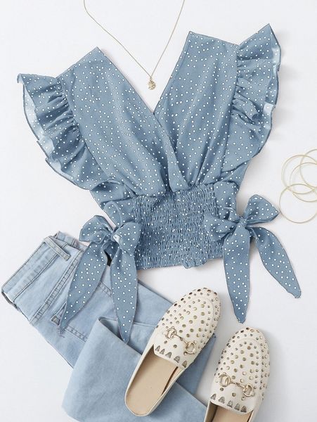 

ruffle armhole shirred hem polka-dot w9eg#, White