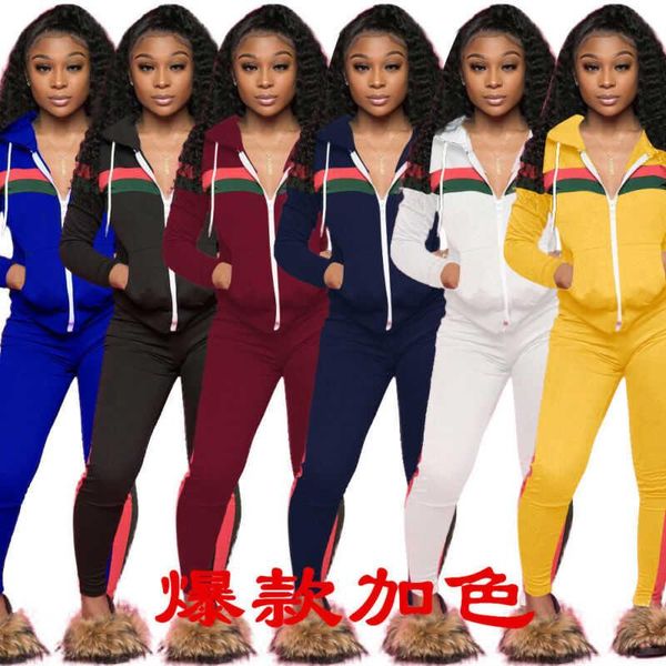 

two piece dress women zipper stripes casual club party sports long jumpsuit pant suit 2pcs, White