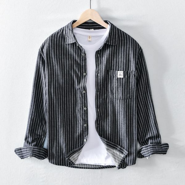 

513 fresh and versatile shirt men's casual loose long sleeve striped shirt coat wear, White;black