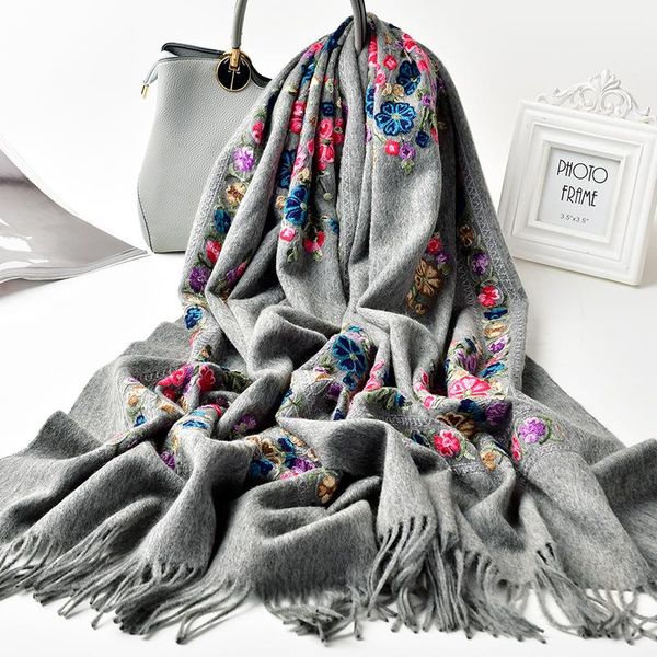 

scarves winter sheep wool scarf women flower embroidery solid autumn shawls wraps for ladies tassels warm thick large, Blue;gray