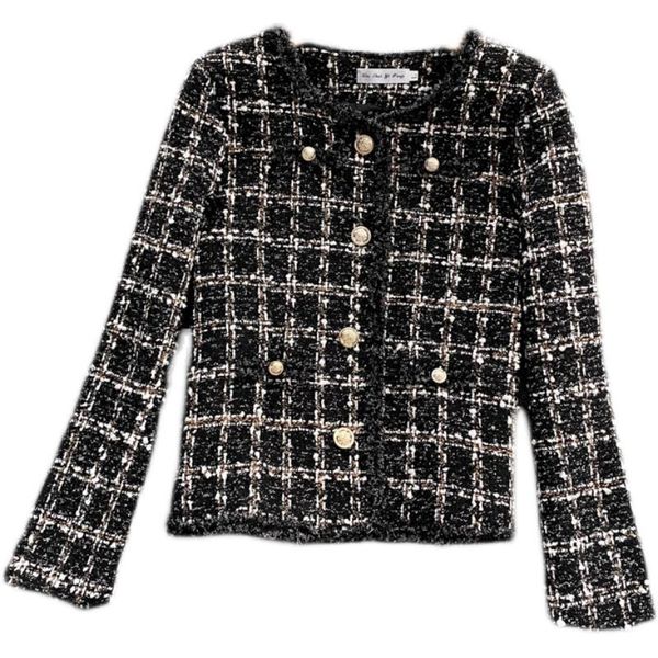 

women's jackets autumn and winter style small fragrant tweed gold buckle round neck ladies short coat chaleco mujer check wool, Black;brown
