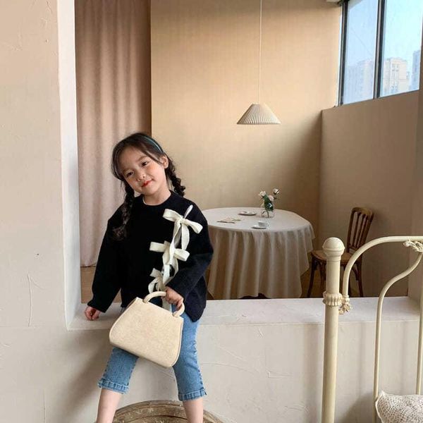 

spring and autumn children's clothing 3 bow sweaters stacked to wear korean fashion all-match girl's sweater coat pullover, Blue
