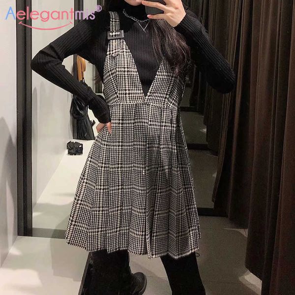 

aelegantmis houndstooth strap dress women v neck a line sleeveless dresses plaid korean chic mini vestidos female streetwear 210607, Black;gray