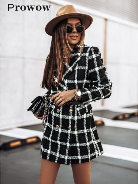 

women's leather & faux prowow winter long sleeve female coat plaid pockets women blazers double breasted fashion casual vintage ladies, Black