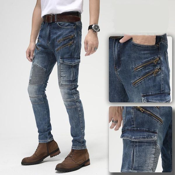 

men's jeans vintage cycling mens fashion slim biker pants recreational stretch zipper denim trousers, Blue