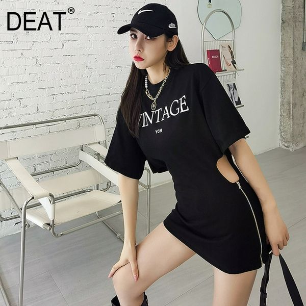 

[deat] women black printing hollow out zipper t-shirt new round neck buttocks short sleeve slim fashion tide summer 7e7770 210428, White