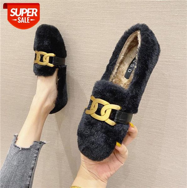 

furry shoes, flat-bottomed flat-heeled square-toed single shoes plus down mink hair, pedal peas 608-3 #4q0q, Black