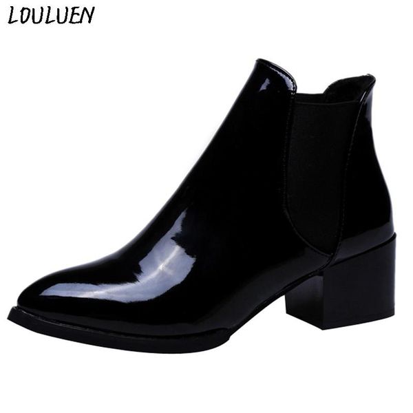 

boots louluen 2021 fashion women elasticated patent leather pointed low heel boot gift roman laarzen bottes mujer, Black