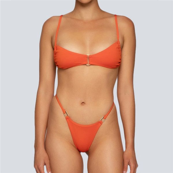 Womens Sexy Swimsuit, Bikini Swimwear, Natação Beachwear Two-Peça Cor Sólida Botão de Metal Moda Hight Cintura Corte de Swimsuits Bikinis Bath Roupa interior para Moda Praia