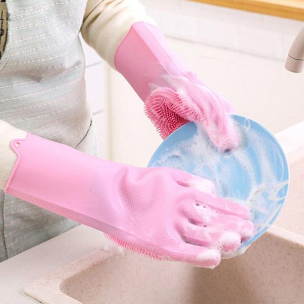 

disposable gloves 1 pair magic silicone dishwashing scrubber dish washing sponge rubber scrub kitchen cleaning household pink