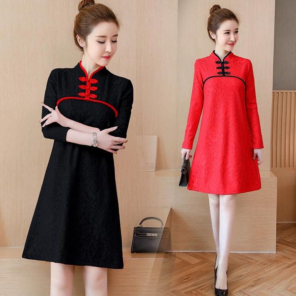 

ethnic clothing 2021 autumn winter lace qipao velvet burgundy bandage dresses for women cheongsam chinese traditional dress red