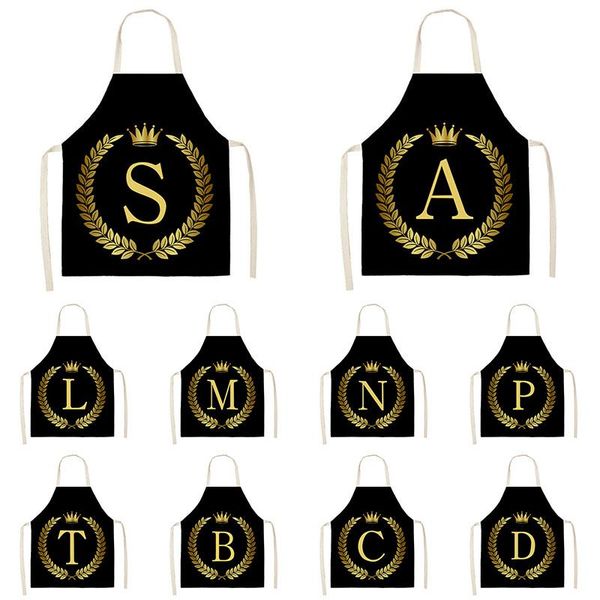 

aprons gold letter pattern kitchen woman apron 53*65cm sleeveless cotton linen cooking waterproof home cleaning tools
