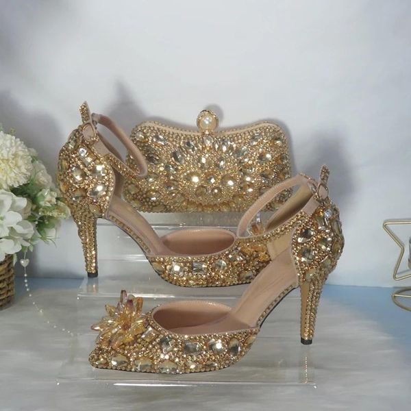 

dress shoes women champagne wedding crystal flower bridesmaid party with bag set ankle strap rhinestone pointed toe sandal, Black