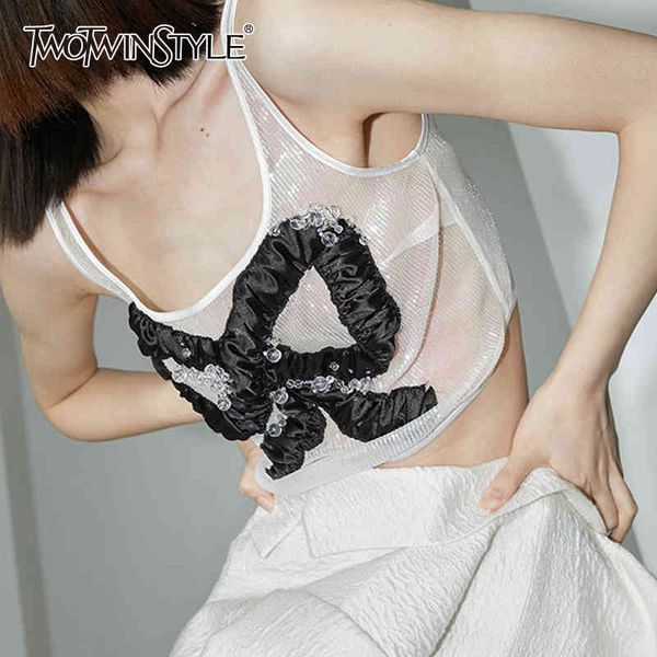 

patchwork bowknot vest for fmale sleeveless square collar perspective wonen's vest fashion streetwear tide 210428, White