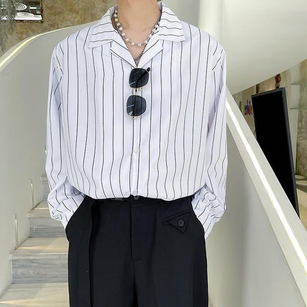 

men's casual shirts celebrity cuban collar striped shirt male long sleeve loose vintage fashion man korean streetwear, White;black
