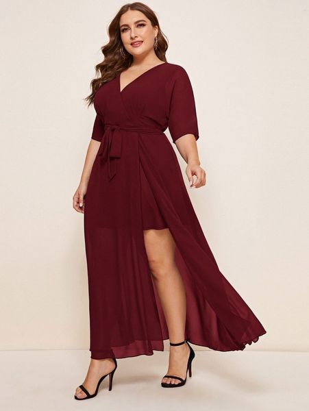 

plus batwing sleeve self belted wrap dress 83mn#, Black