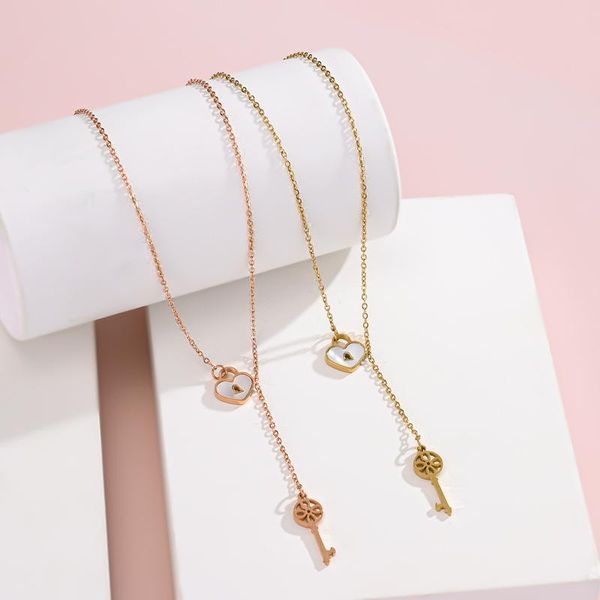 

pendant necklaces love white shell key titanium steel necklace female clavicle chain rose gold korean jewelry accessories, Silver