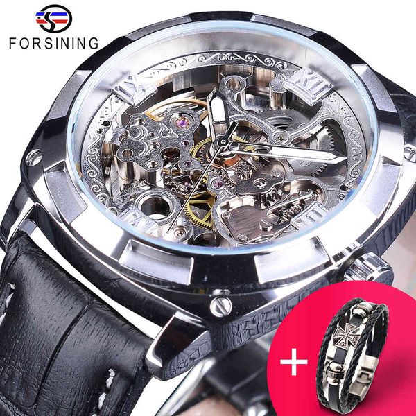 

refining watches + bracelet set combination sports black sier open work clock lightning waterproof men automatic, Slivery;brown