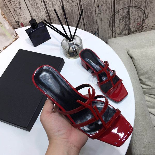

ys heeled sandals women designer high heel pump slides lady slippers in patent leather leather with box size 34-42, Black