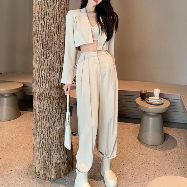 

women's two piece pants temperament three set women fashion blazer coat crop + suspender vest high waist wide leg suits ensemble femme, White