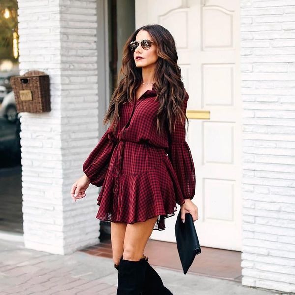 

zoki women plaid printed mini dress lantern sleeve flounced hem long-sleeved dresses casual button red fashion slim party, Black;gray
