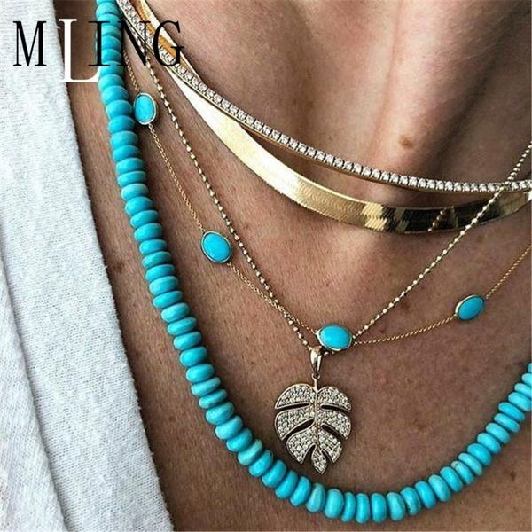 

pendant necklaces mling vintage multi-layer alloy necklace fashion beads crystal leaf for women, Silver