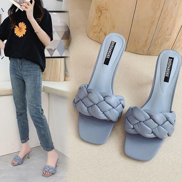 

summer women slippers high heel slides for fashion square head weave solid outside shoes woman quality, Black