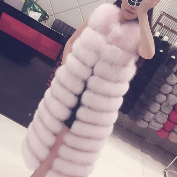 

European and American Whole Leather Fox Fur Hooded Faux Fur Jacket Women's Long Sleeveless Waistcoat New, Black