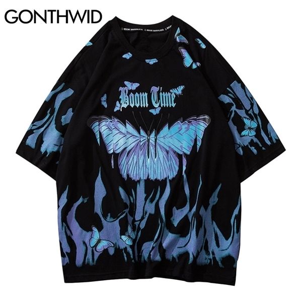 

gonthwid butterfly fire flame print tees shirts streetwear hip hop casual short sleeve tshirts men harajuku hipster fashion 210409, White;black