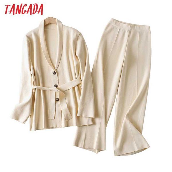 

tangada autumn winter women thick soft knit cardigan suit 2 pieces sets solid cardigan and long knitted pants suits ai14 210609, White
