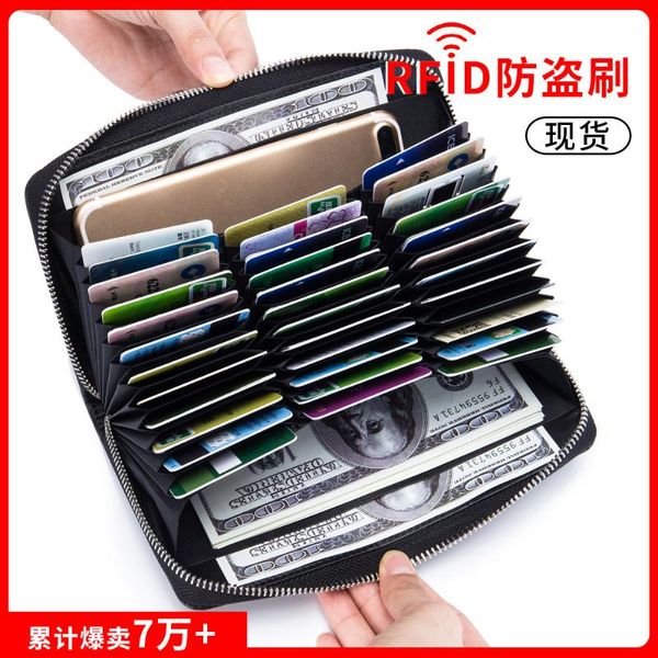 

card holders genuine leather organ wallet long passport holder rfid multi-card multi-function men and women large capacity case, Brown;gray