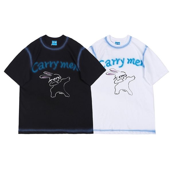 

summer versatile round neck short sleeve trendy street hand painted cartoon rabbit lovers t-shirt for men, White;black