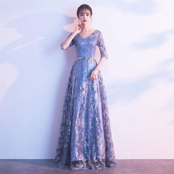 

women exquisite appliques sequins trim banquet gown elegant v-neck formal party dress blue mesh chorus maxi dresses xs-xxl ethnic clothing, Red