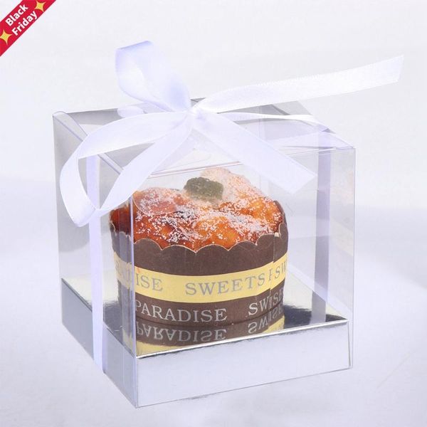 

12pcs transparent cake boxes pvc packaging organizers with ribbon gift wrap