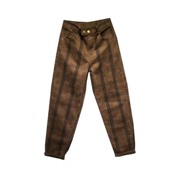

women's jeans high waist boy style striped fashion casual plaid denim harem pants women, Blue