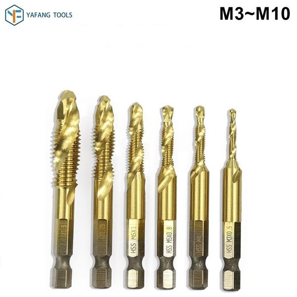 

hand tools 6pcs/set m3-m10 titanium coated metric screw tap twist drill bit kit hss spiral thread 1/4" hex shank power