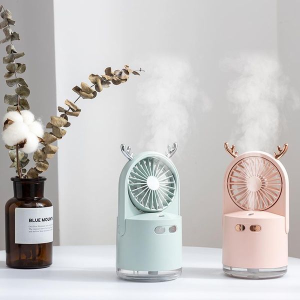 

electric fans 2 in 1 deer wireless mini fan air humidifier 60Â° adjustable portable with colorful night lights rechargeable cooling