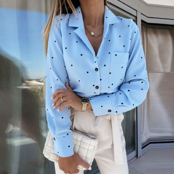 

women's blouses & shirts fashion casual v-neck polka dot print long sleeve blouse woman single breasted solid pocket ladies office shir, White