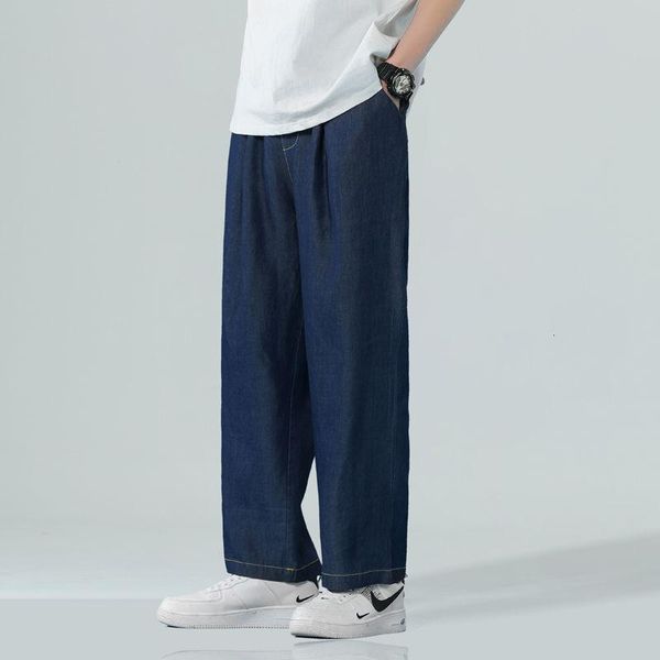 

men's jeans mrgb tencel big size casual loose men pants straight baggy fashion male trousers chinese style jogger for man, Blue