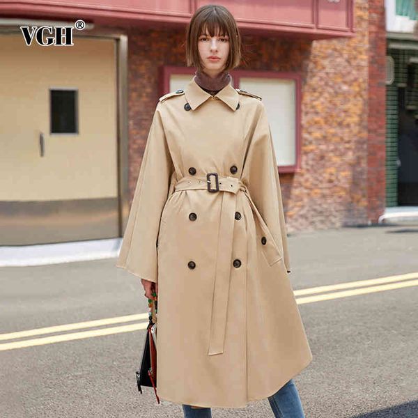 

vgh casual khaki trench for women lapel cape long sleeve high waist with sashes asymmetrical hem elegant trenches female fashion 210421, Tan;black