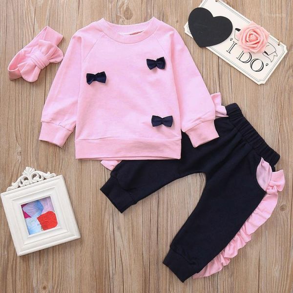 

lovely children's suits baby kids girls long sleeve bow long pants+headband outfits clothes sets 2021 clothing, White