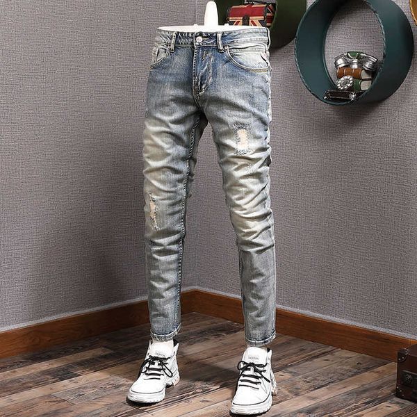 

italian style fashion men jeans retro gray blue slim ripped destroyed patchwork designer vintage casual denim pants enpj